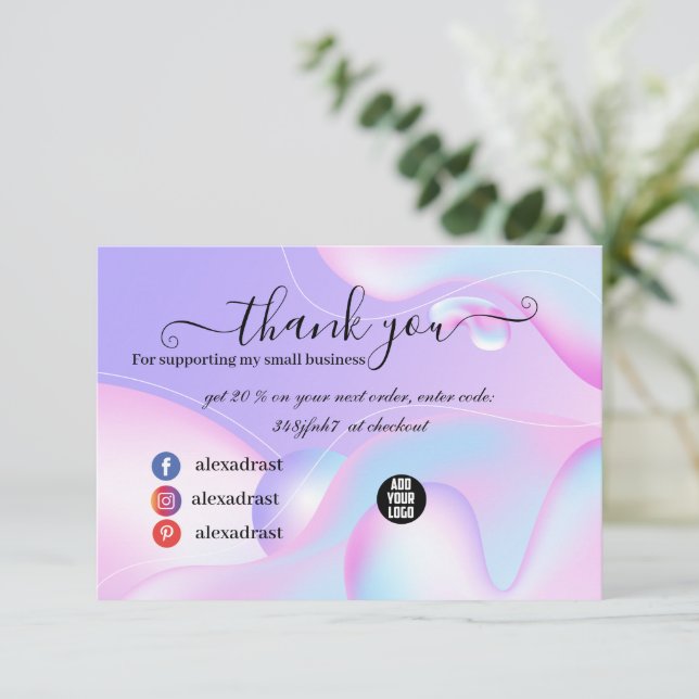 PINK & Blue Watercolor Holographic Design Beauty Dankeskarte (Stehend Vorderseite)