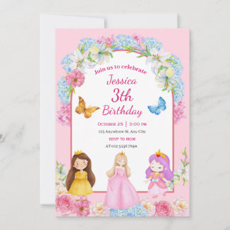 Pink Blue Watercolor Princess Girl Illustrated Einladung