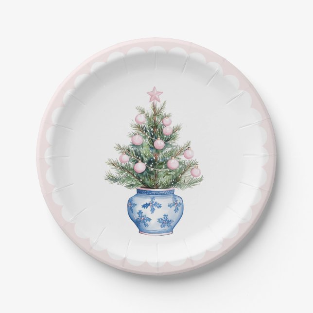 Pink & Blue Weihnachtsbaum W Scallop Border Pappteller (Vorderseite)