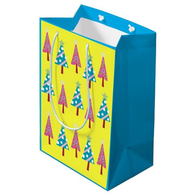Pink Blue Weihnachtsbäume Geschenktaschen Mittlere Geschenktüte (Rückseite Schrägansicht)