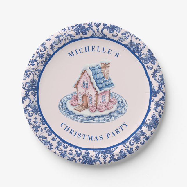 Pink & Blue Weihnachtsgingerbrot W/ Damask Border Pappteller (Vorderseite)