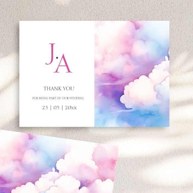 Pink Blue White Clouds Monogram Wedding Danke (Pink Blue White Clouds Monogram Wedding Thank You)