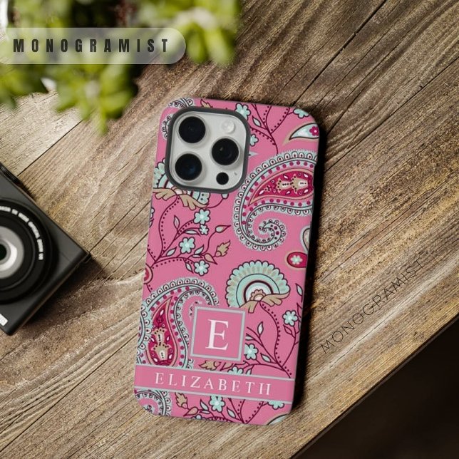 Pink Blue White Paisley Muster individuell einstel iPhone 15 Pro Max Hülle (Customizable Pink Blue White Paisley Pattern iPhone Case)