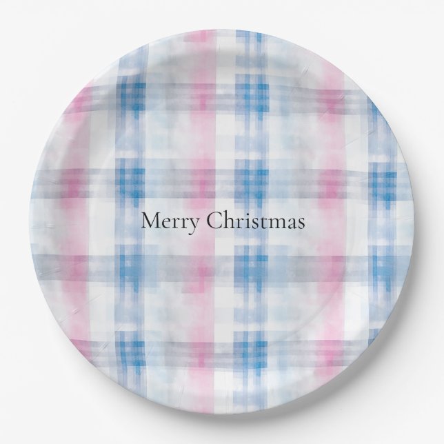 Pink Blue White Plaid Stripes Christmas Pappteller (Vorderseite)