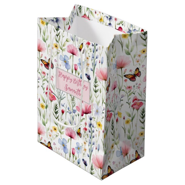 Pink Blue Wildblumen Schmetterlinge Geburtstag für Mittlere Geschenktüte (Vorderseite Schrägansicht)