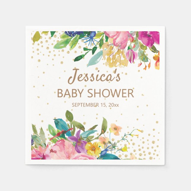 Pink Blue Yellow Baby Dusche Gold Glitzer Weiß Serviette (Vorderseite)