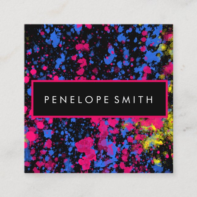 Pink Blue Yellow Black Paint Spritzer Quadratische Visitenkarte (Vorderseite)