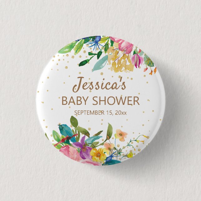Pink Blue Yellow Floral Gold Glitzer Kinderdusche Button (Vorderseite)