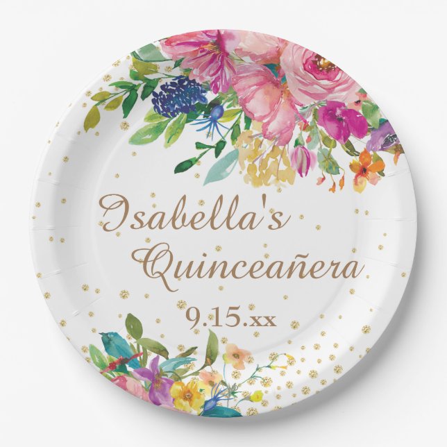 Pink Blue Yellow Floral Quinceañera Geburtstag Pappteller (Vorderseite)