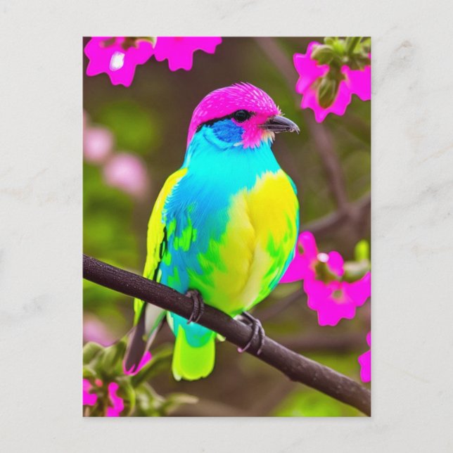 Pink Blue Yellow Green Fantasy Bird Postcard Postkarte (Vorderseite)