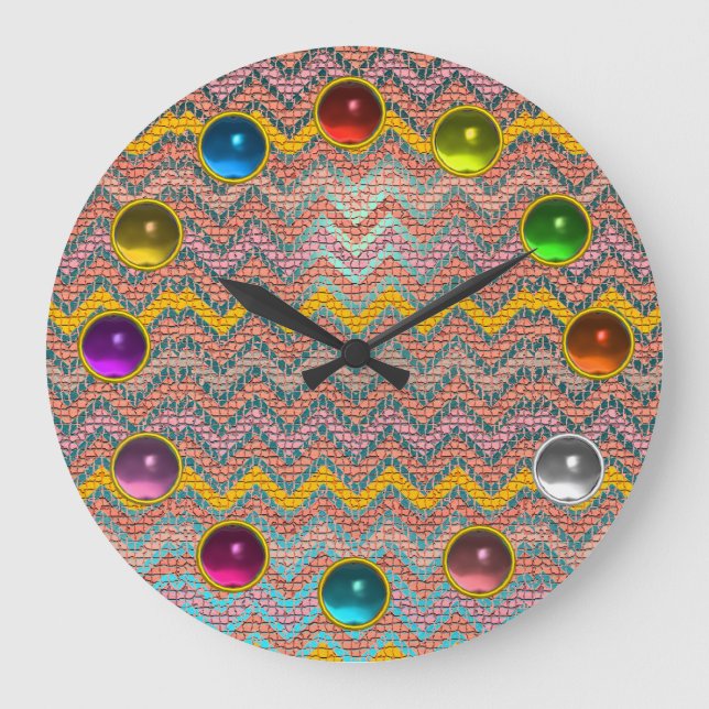 PINK BLUE YELLOW MOSAIC ZICKZACK, FARBIL GEMSTONS GROßE WANDUHR (Vorderseite)
