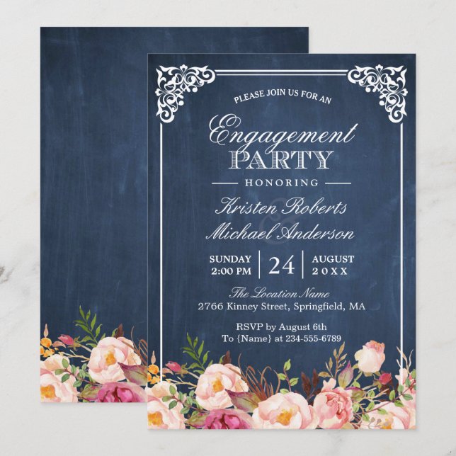Pink Blues Chalkboard der Engagement Party Einladung (Vorne/Hinten)