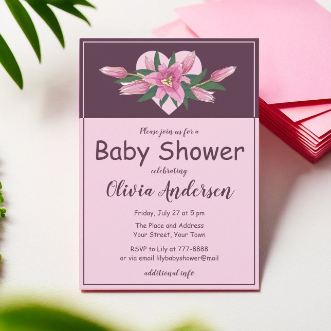 Pink blühende Lilie Sweet Heart Baby Dusche Einladung (Pink Blooming Lily Sweet Heart Baby Shower Invitation)