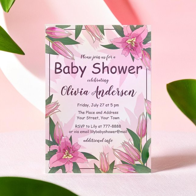 Pink blühende Lilies Kinderdusche Einladung (Pink Blooming Lilies Baby Shower Invitation)