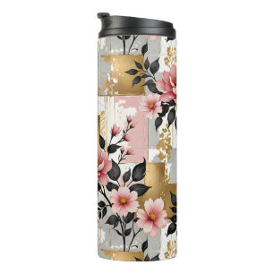 Pink Blume Bouquets mit Gold und Weiß Plätzen Thermosbecher