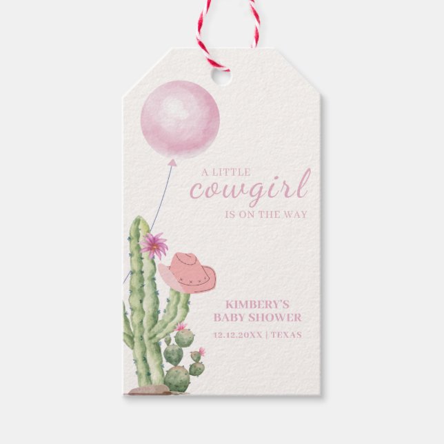 Pink Blume Cactus Balloon Cowgirl Babydusche Geschenkanhänger (Vorderseite)