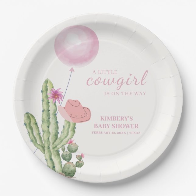 Pink Blume Cactus Balloon Cowgirl Babydusche Pappteller (Vorderseite)
