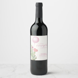 Pink Blume Cactus Balloon Cowgirl Babydusche Weinetikett