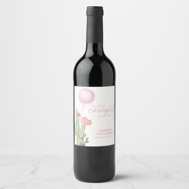Pink Blume Cactus Balloon Cowgirl Babydusche Weinetikett (Vorderseite)