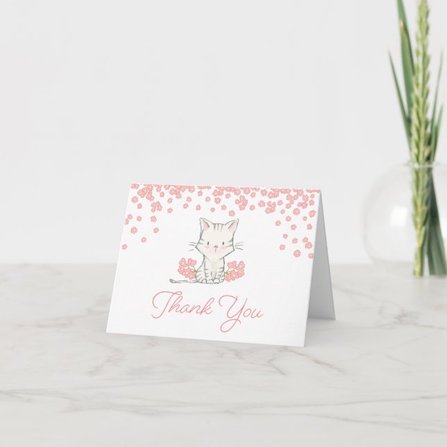 Pink Blume Kitten Girl Babydusche Dankeskarte (Vorderseite)