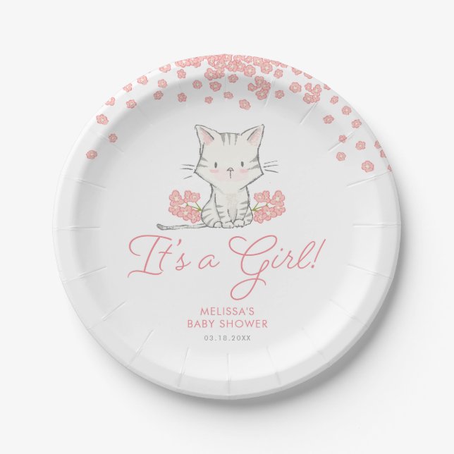 Pink Blume Kitten Girl Babydusche Pappteller (Vorderseite)