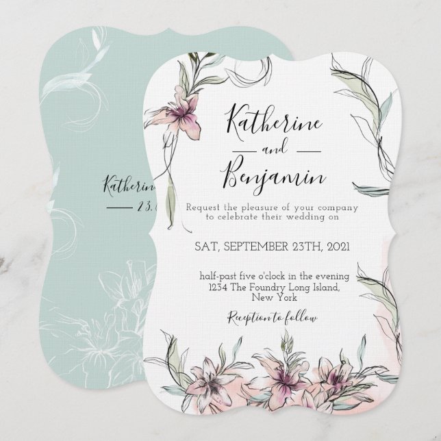 Pink Blume Lilies Hochzeitseinladung Einladung (Vorne/Hinten)