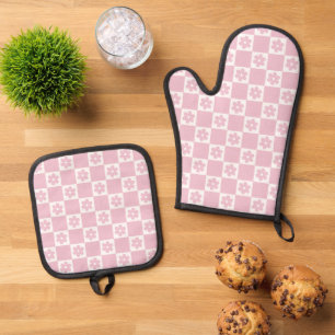 Pink-Blume Ofenhandschuh & Topflappen-Set