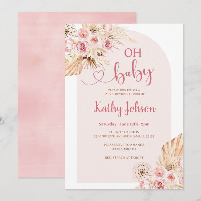 Pink Blume Pampas Grass Boho Oh Babydusche Einladung (Vorne/Hinten)