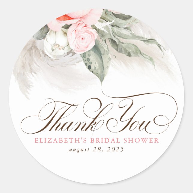 Pink Blume Pampas Grass Boho Vielen Dank Runder Aufkleber (Vorderseite)