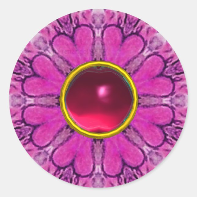PINK BLUME PETALS, BLUMENHERZEN UND RUBY GEMSTONE RUNDER AUFKLEBER (Vorderseite)