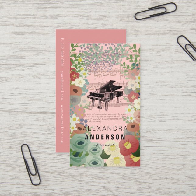 Pink Blume Pianist Music Teacher Business Card Visitenkarte (Vorderseite/Rückseite Beispiel)