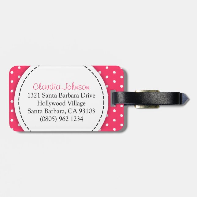 Pink Blume Polka Punkte mit Namen Gepäckanhänger (Rückseite horizontal)