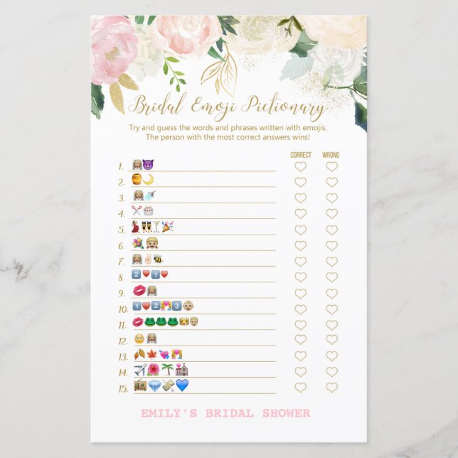 Pink Blush and Gold Brautparty Game DRUCKT (Vorderseite)