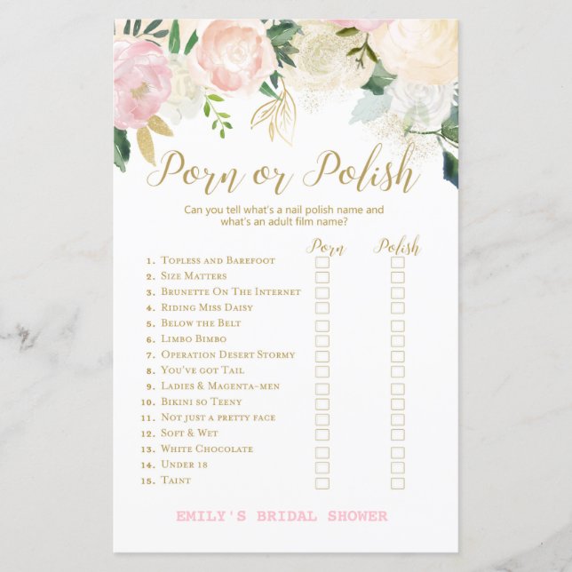 Pink Blush and Gold Brautparty Game DRUCKT (Vorderseite)