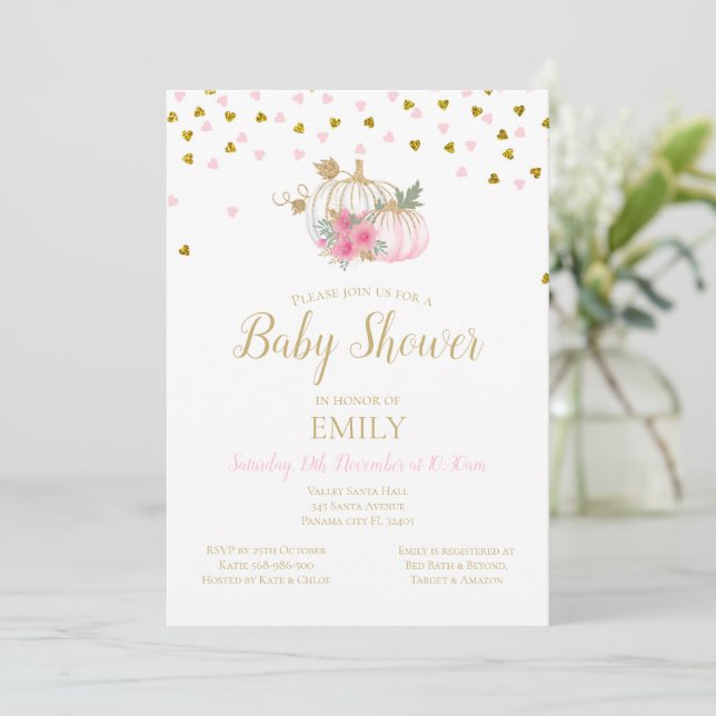 Pink Blush and Gold Pumpkin Baby Dusche Einladung (Stehend Vorderseite)
