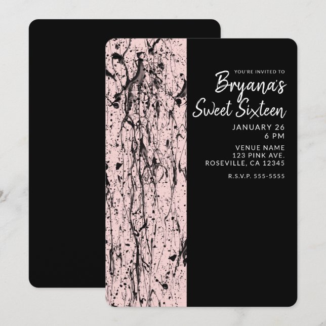 Pink Blush & Black Paint Sweet 16 JEDES ALTER Part Einladung (Vorne/Hinten)