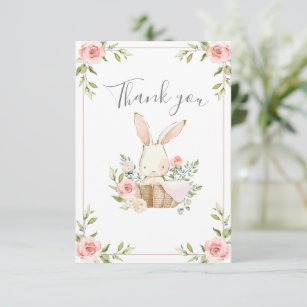 Pink Blush Bloral Bunny Rabbit Babydusche Dankeskarte