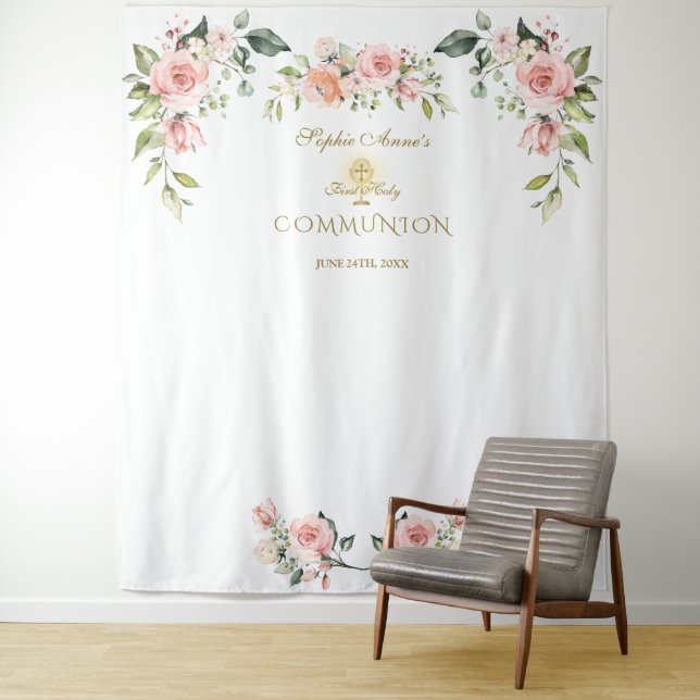 Pink Blush Bloral First Holy Communy Foto Prop Wandteppich (Beispiel)