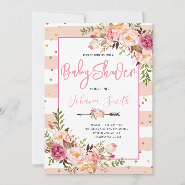 Pink Blush Blues Peony Baby Dusche Einladung (Vorderseite)