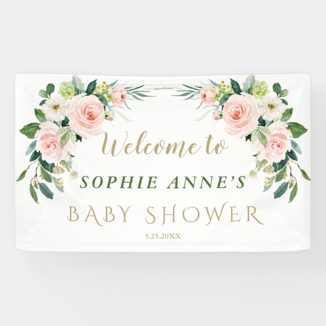 Pink Blush Blume Babydusche Begrüßungszeichen Banner (Horizontal)