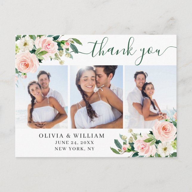 Pink Blush Blume Grüne 3 Foto Vielen Dank Postkarte (Vorderseite)