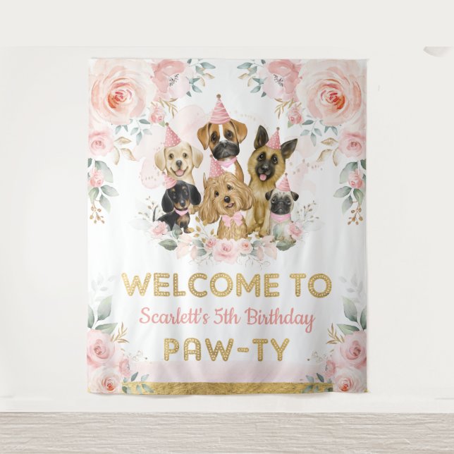 Pink Blush Blume Welpe Dogs Baby Girl Willkommen Wandteppich (Vorderseite)