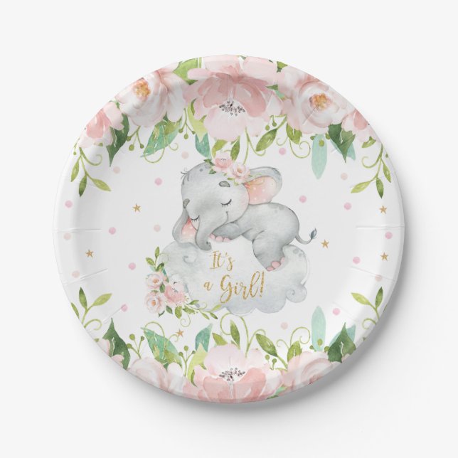 Pink Blush Blumenschläfer Elephant Babydusche Pappteller (Vorderseite)