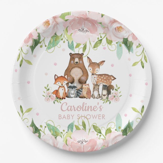 Pink Blush Blumenwaldlandtiere Kinderdusche Pappteller (Vorderseite)
