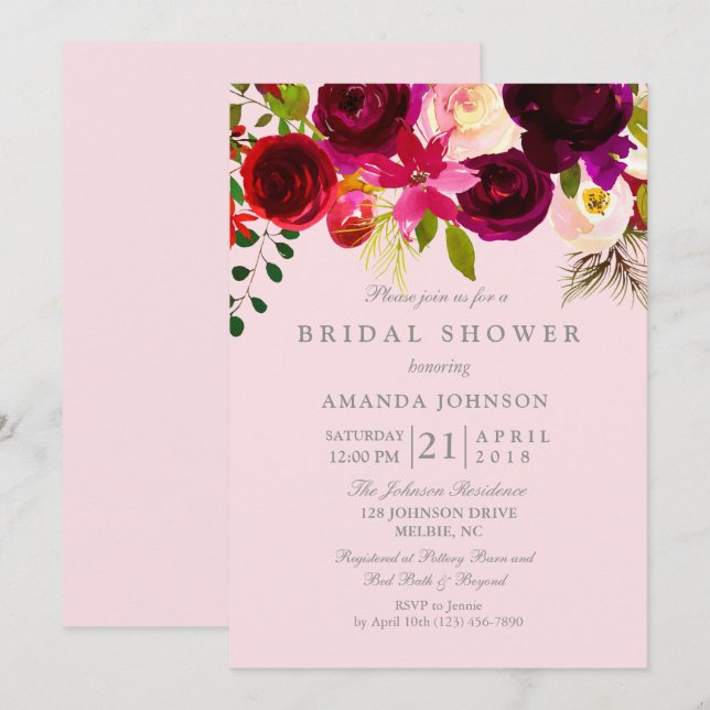 Pink Blush & Burgund Brautparty Einladung (Vorne/Hinten)