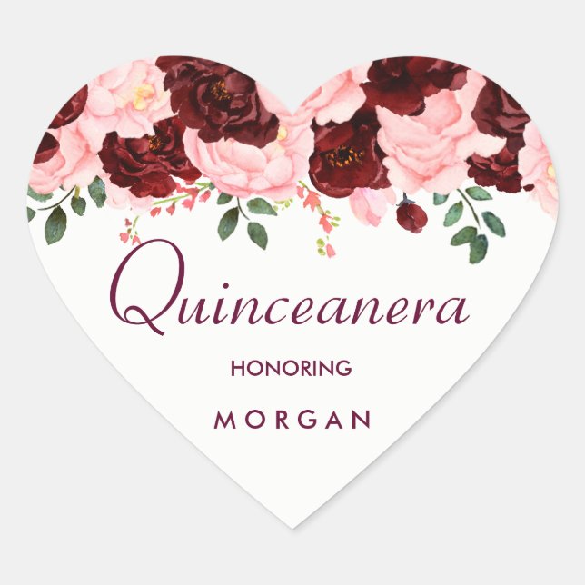 Pink Blush Burgund Rose Quinceanera Party Herz-Aufkleber (Vorderseite)