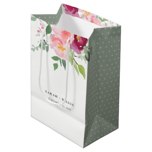 Pink Blush Burgund Rose Wasserfarbenprägung Mittlere Geschenktüte (Vorderseite Schrägansicht)