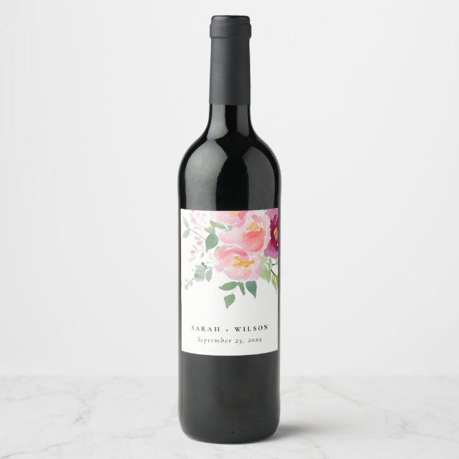 Pink Blush Burgund Rose Wasserfarbenprägung Weinetikett (Vorderseite)