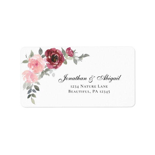 Pink Blush Burgundy Floral Wasserfarbe Hochzeit Adressaufkleber (Vorne)