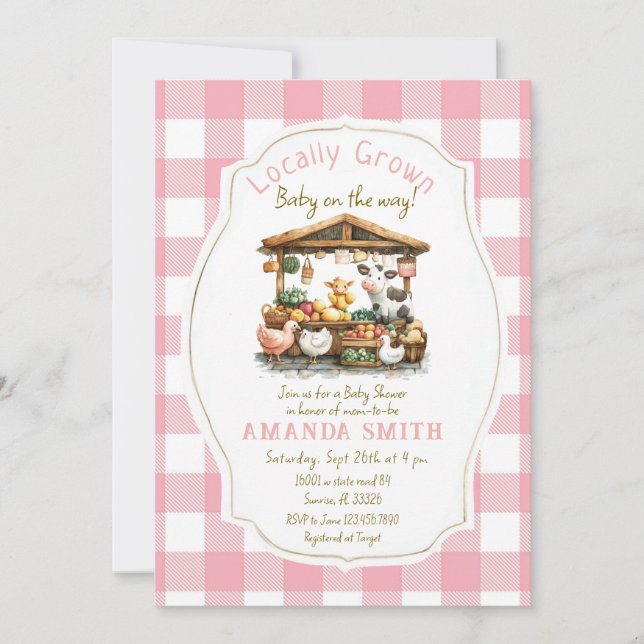 Pink Blush Farm Gingham Market Baby Dusche Einladung (Vorderseite)